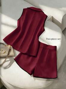 SHEIN Franclia New Women's Fashion Elegant Commute Color Block Lapel Sleeveless Vest Jacket & Shorts Set, Spring/Summer Versatile Commute Outfit - Burgundy - View 2