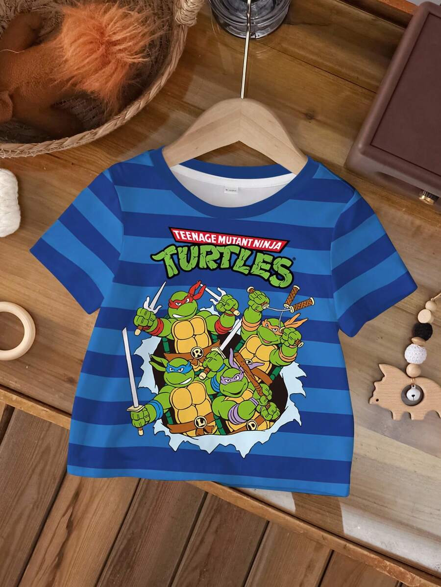 TEENAGE MUTANT NINJA TURTLES | SHEIN 男嬰夏季休閒日常通勤時尚趣味卡通字母拼色條紋印花短袖T恤 - 白色 - 查看 1