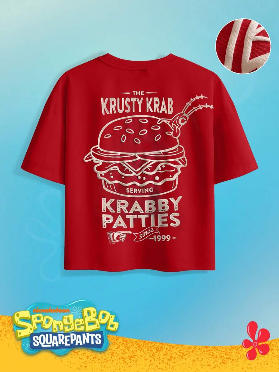 SpongeBob SquarePants | SHEIN Manfinity Hypemode Men's Round Neck Short Sleeve Fashionable Printed T-Shirt, Versatile For Daily Wear In Summer, Holiday - Red - View 1