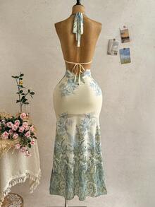 Soleia Women's Sexy Romantic Halter Tie-Up Splicing Cup Metallic Floral Decor Deep Draped Neck Maxi Dress, Suitable For Beach, Cruise, City Vacation In Spring/Summer - Green - View 2
