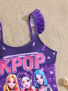 SHEIN Tween Girl Floral Print Shoulder Strap Ruffle Design One-Piece Swimsuit, Suitable For Swimming, Vacation, Beach In Summer - Purple - View 3