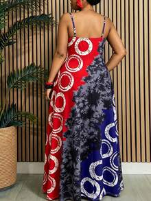 Villa Velisse Velvienne New Summer Spaghetti Strap Dress Geometric Colorful Placement Print All-Over Pattern Suitable For Daily Wear Outings Beach Vacation - Multicolor - View 2