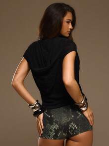 MUSERA Textured Cowl Plunge Hooded Short Sleeve Top Spring Summer Vacation Holiday Elegant Sexy Festival Ibiza Evening Boho Elegance - Black - View 4