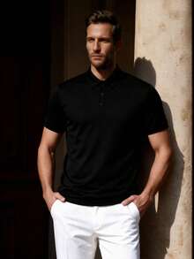 Officeau 1pc Men's Casual Solid Color Golf Polo Shirt For Summer - Black - View 5