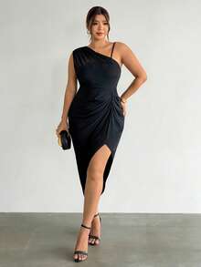 Firerie Plus Size Elegant Solid Color Asymmetric Sleeveless Dress, Summer Elegant Wedding Guest Black Dress For Women Graduation Black Dress For Women - Black - View 8