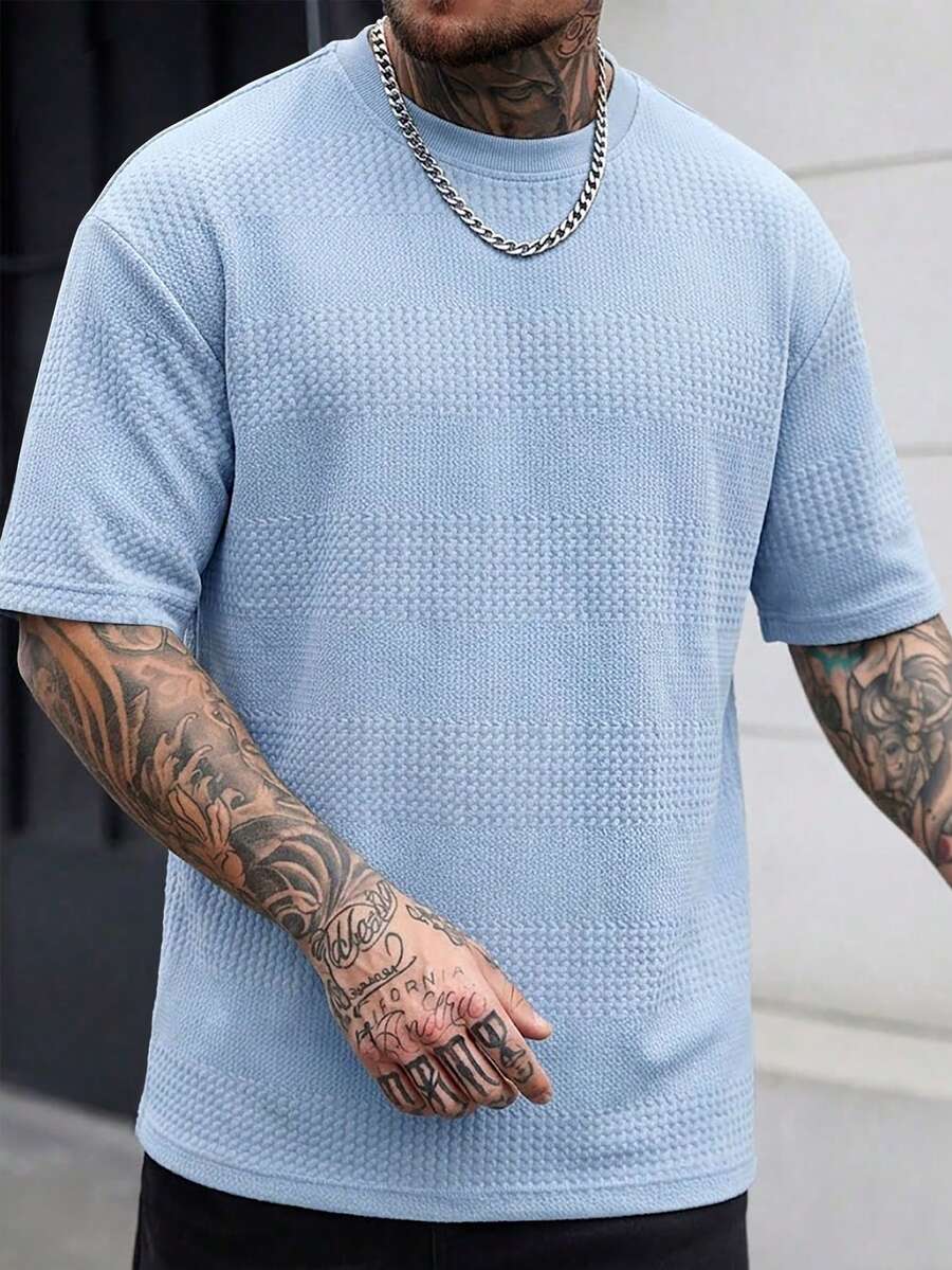 Manfinity CasualCool 男士短袖纹理面料套头T恤,适合居家、外出和派对穿着 - 藍色 - 查看 1