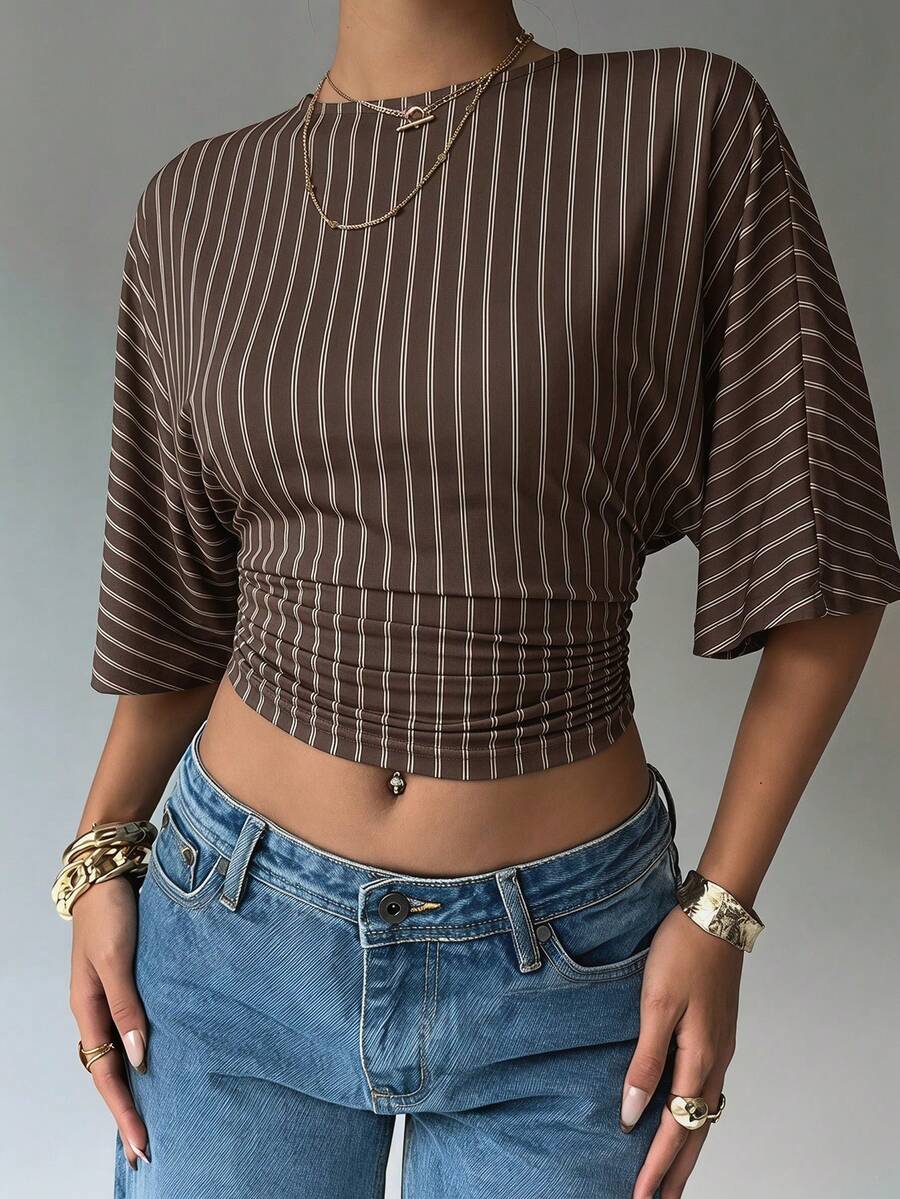Aloruh Women's Brown Striped Print Round Neck Batwing Sleeve Ruched Design Cropped Fashionable Top - Brown - View 1