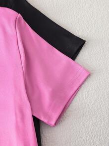 Teenage Girls' Hot Pink Tight-Fitting Pajama Set,Basic Round Neck Short Sleeve Shorts Homewear,Comfortable Snug Fit Summer Casual Family Matching - Multicolor - View 3