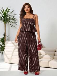 Solflare Plus Size Brown Polka Dot Sleeveless Ruffle Hem Loose 2 Pieces Set, Summer - Brown - View 3