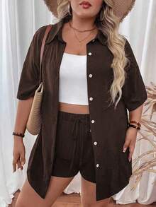 SHEIN LUNE 2件大码女式宽松休闲纯色衬衫套装 - 棕色 - 查看 1