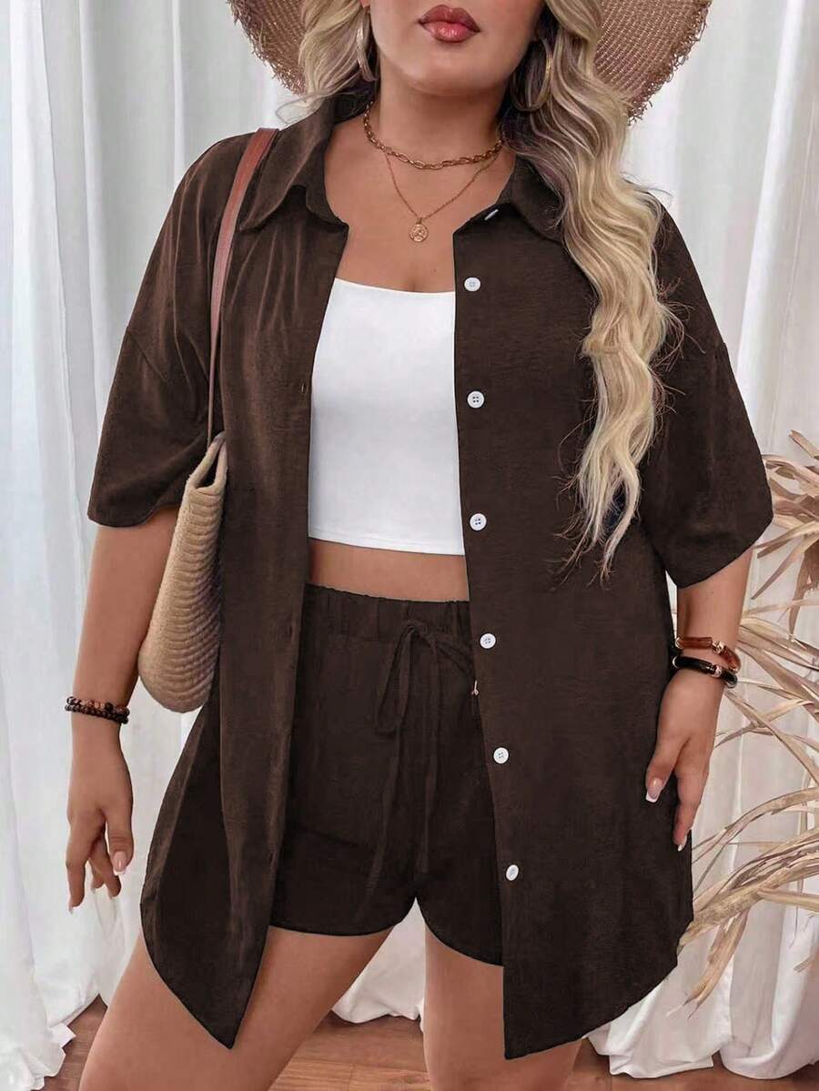 SHEIN LUNE 2件大码女式宽松休闲纯色衬衫套装 - 棕色 - 查看 1
