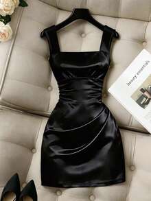 SHEIN Franclia Women Summer Elegant Black Satin Square Neck Suspender Pleated Dress,Autumn Night Out Party Dress,Wedding Guest Graduation Gown,Formal Office - Black - View 6