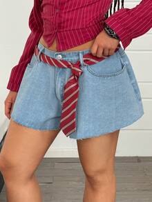 Jeanoix Plus Size Women Y2K 90s Casual Formal Style Denim Shorts With Ruffle Hem Wide Leg Tie-Waist Washed Light Blue Back-To-School Graduation Summer - Light Wash - View 5