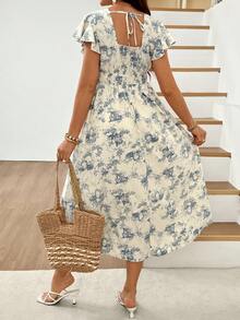 SHEIN Maternity Overlap V-Neck Ruffle Sleeve Floral Print Fashion Dress - Blue and White - View 2