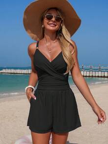 Swim Lushoire Women's Summer Vacation Beach Casual Solid Color Adjustable Strap Metal Buckle V-Neck Criss-Cross Tummy Slimming Pleated Waist Pocket Loose Shorts One-Piece Swimsuit - Black - View 1