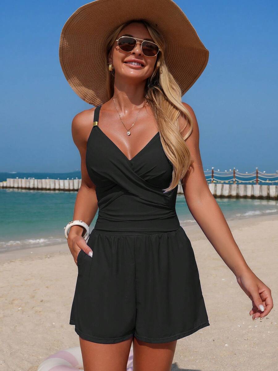 Swim Lushoire Women's Summer Vacation Beach Casual Solid Color Adjustable Strap Metal Buckle V-Neck Criss-Cross Tummy Slimming Pleated Waist Pocket Loose Shorts One-Piece Swimsuit - Black - View 1