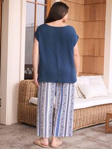Doze Lane Solid Color Short Sleeve Top And Striped Floral Print Pants Plus Size Pajama Set Navy Blue White Summer - Multicolor - View 2