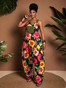 Maweii Plus Size Women's Black Summer Boho Beach Holiday Casual Jumpsuit, Printed Sleeveless Loose Harem Pocket, Adjustable Shoulder Straps Asymmetric Jumpsuit - Multicolor - View 4