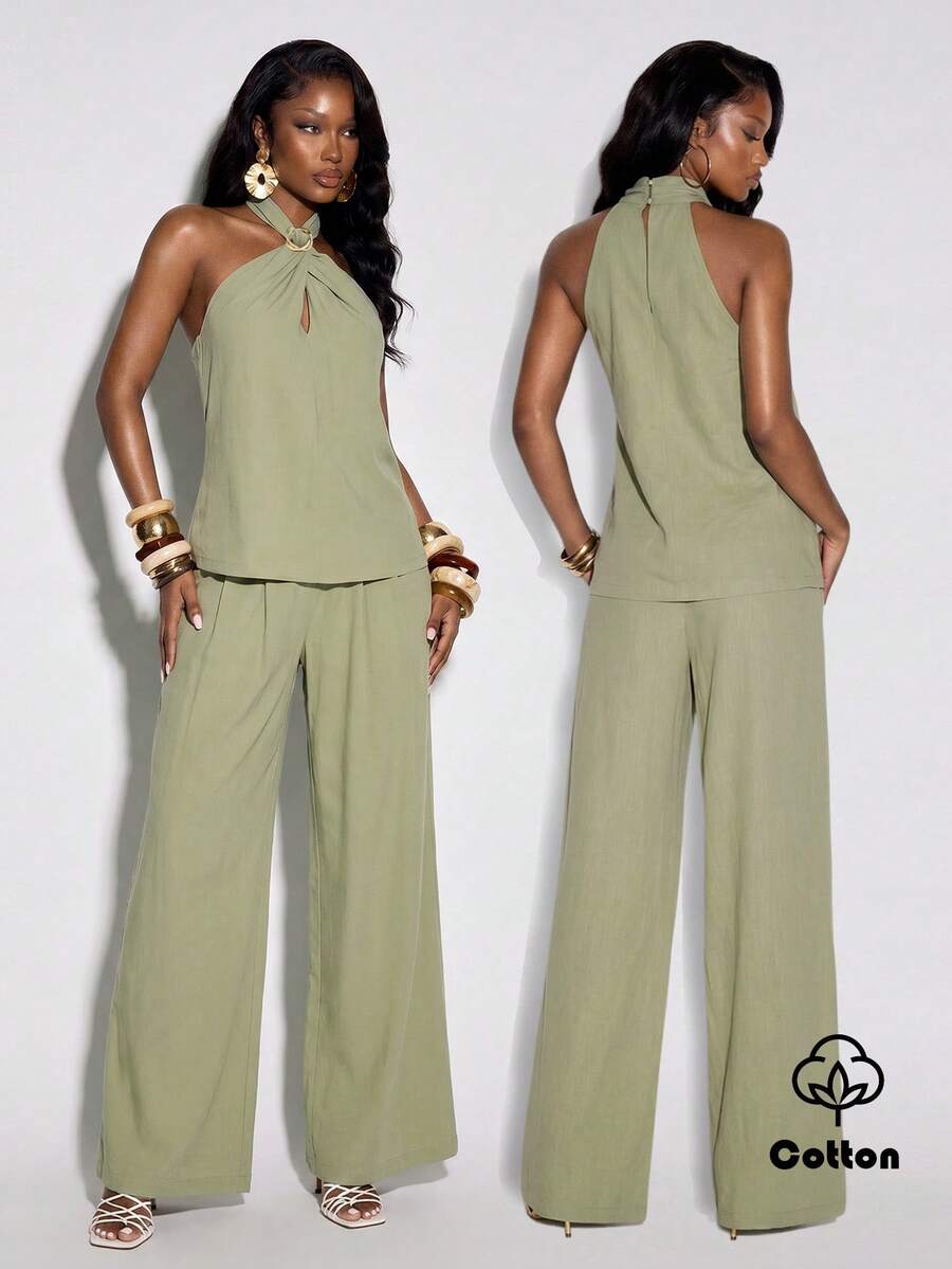 Normani Bộ đồ nữ màu trơn gồm áo hai dây xếp ly và quần dài, kiểu dáng thường ngày.