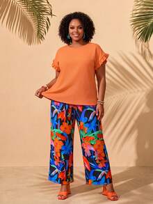 EMERY ROSE Plus Size Women's Spring/Summer Beach Vacation Solid Color Ruffle Sleeve Top And Botanical Print Wide Leg Pants 2-Piece Set Burnt Orange Black Boho - Multicolor - View 3