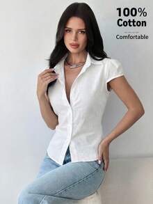 Firerie Camisa de manga corta a rayas azules y blancas para mujer, camisa con cintura anudada, camisa casual para ir al trabajo, camisa de vacaciones, camisa a rayas con cintura ceñida, adecuada para primavera, verano, otoño e invierno, elegante, vacaciones, bohemia, atuendo de trabajo - Blanco - Ver 4
