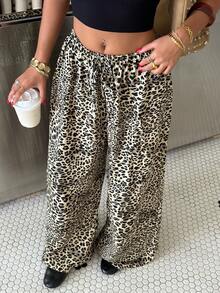 Muchica Women's Leopard Printed Drawstring Long Pants - Brown - View 4