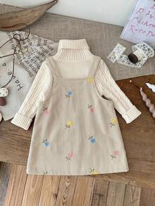 SHEIN LMoss Kids 女嬰編織花卉圖案吊帶洋裝 - 粉色 - 查看 2