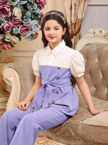 Tween Girl Contrast Color Short Puff Sleeve Button Design Shirt And Pants 2 Pieces Set - Multicolor - View 4