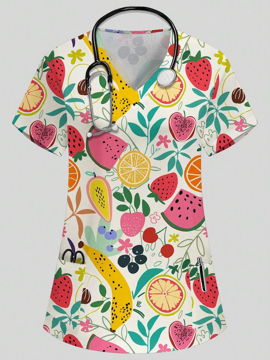 PopScrub Top de femme à col en V, manches courtes, avec deux poches, imprimé mignon de fruits, verger, fraise, banane, pastèque, cerise, myrtille, citron, mangue, imprimé floral et botanique. Convient comme uniforme d'infirmière/médecin, uniforme chirurgical, tenue de toilettage pour animaux de compagnie, tenue de nutritionniste, tenue de laboratoire, avec poches multifonctionnelles. Tenue de vacances adorable et décontractée pour femmes. - Kaki - Voir 1