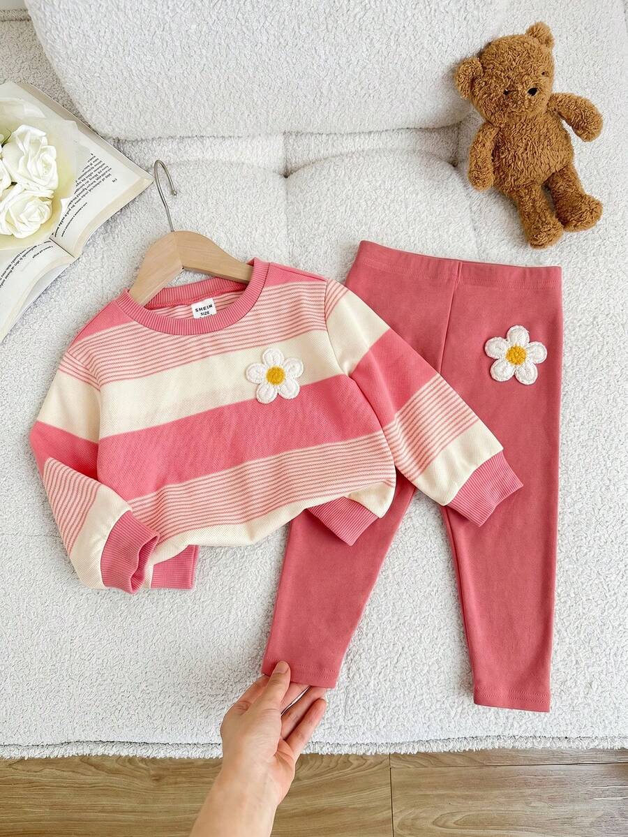 SHEIN LMoss Kids 女嬰針織條紋圓領休閒衛衣與長褲2件套,磨毛加厚面料,適合秋冬穿著 - 粉色 - 查看 1