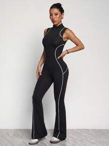 Dewbera Dewbera Women's Striped Zipper Half-Placket Slim Fit Flared Athletic Jumpsuit - Black - View 1