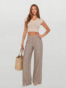 Avantive Women's Casual Vacation Daily Commute Color Block Striped Print Slant Pocket Loose Wide Leg Long Pants - Mocha Brown - View 8