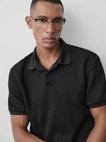 MENRIVO 男士纯色前扣短袖休闲 Polo 衫，简约日常穿着，适合打高尔夫 - 黑色 - 查看 1