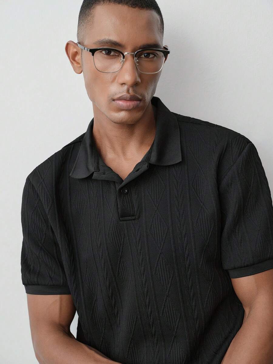MENRIVO 男士纯色前扣短袖休闲 Polo 衫,简约日常穿着,适合打高尔夫 - 黑色 - 查看 1