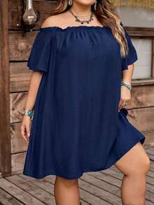 SHEIN CURVE+ Curve Size US22Music Festival, Seaside Vacation, Bohemia Women's Summer Fashion Casual Loose Comfortable Breathable Versatile Off-Shoulder Exposed Shoulder Black Mini Skirt, Suitable For Daily Wear, Vacation, Ibiza, European Summer, Afternoon Tea Party, Beach Outfit, Brunch, Etc. - Navy Blue - View 3