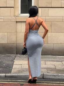 SHEIN SXY Đầm bodycon trơn hở lưng đan chéo, đầm dài mùa hè đi concert, đầm dạ hội coquette, đầm sexy cho ngày Valentine - Nhiều màu - Xem 3