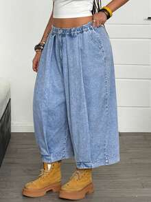 Jeanoix Quần Capri Denim Xanh Y2K Nữ Size Lớn Thời Trang Dã Ngoại Đa Năng Xếp Ly Nhiều Túi Dáng Rộng - Rửa nhẹ - Xem 4