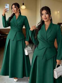 Elenzga Plus Size Women's New Elegant Spring/Summer Set, Pleated Tie-Up Long Sleeve Shirt Cardigan, Elegant Romantic Full Skirt, Business Casual Commute Two Pieces Set, Exquisite Elegant Dignified Set Solid Apricot - Dark Green - View 1
