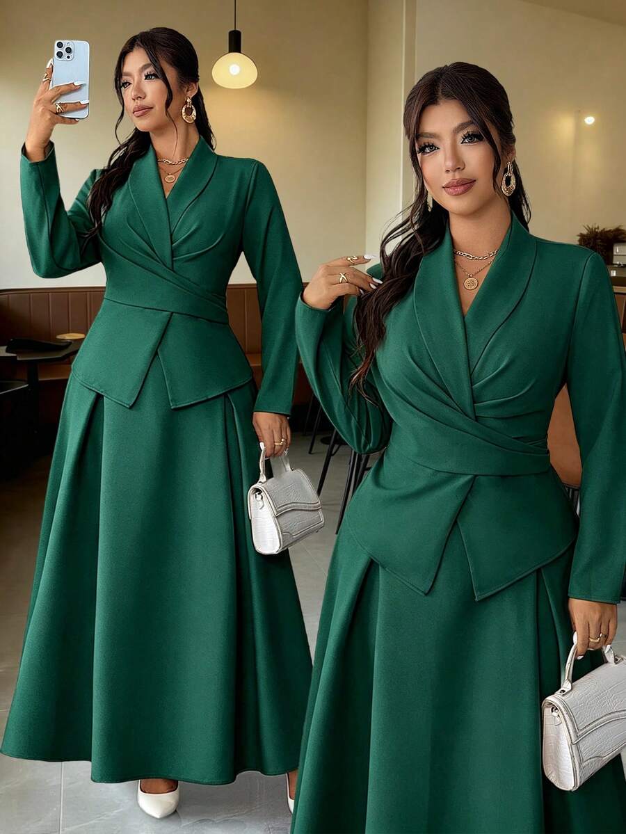 Elenzga Plus Size Women's New Elegant Spring/Summer Set, Pleated Tie-Up Long Sleeve Shirt Cardigan, Elegant Romantic Full Skirt, Business Casual Commute Two Pieces Set, Exquisite Elegant Dignified Set Solid Apricot - Dark Green - View 1