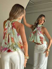 Aloruh Printed Mesh Halter Neck Top For Women - Multicolor - View 2