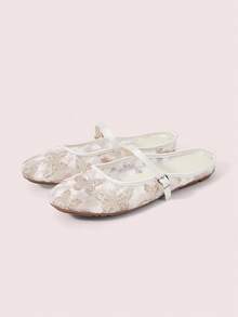 CUCCOO DOLLMOD Women's Shoes, Apricot, Round Toe Dew Heel Closed Toe Sandals, Flower Butterfly Embroidered Mesh Yarn, Sweet And Cute, Comfortable, Soft And Breathable - Butterfly - Apricot - View 2