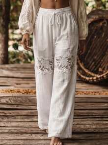 Holdful Holdful Vacation Casual Boho Solid Color Lace Patchwork Long Pants White Autumn - White - View 6