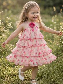Cozy Pixies Baby Girl Summer Elegant Floral Print 3D Flower Decor Multi-Layer Halter Neck Dress - Pink - View 11