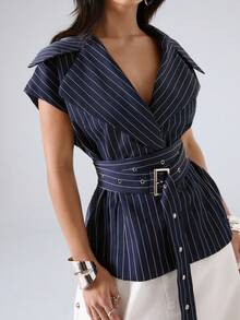 LYSMO Blazer feminino de verão casual para o dia a dia e deslocações para o trabalho, com blocos de cor, estampado às riscas, gola de lapela e cinto - Azul marinho - Ver 4