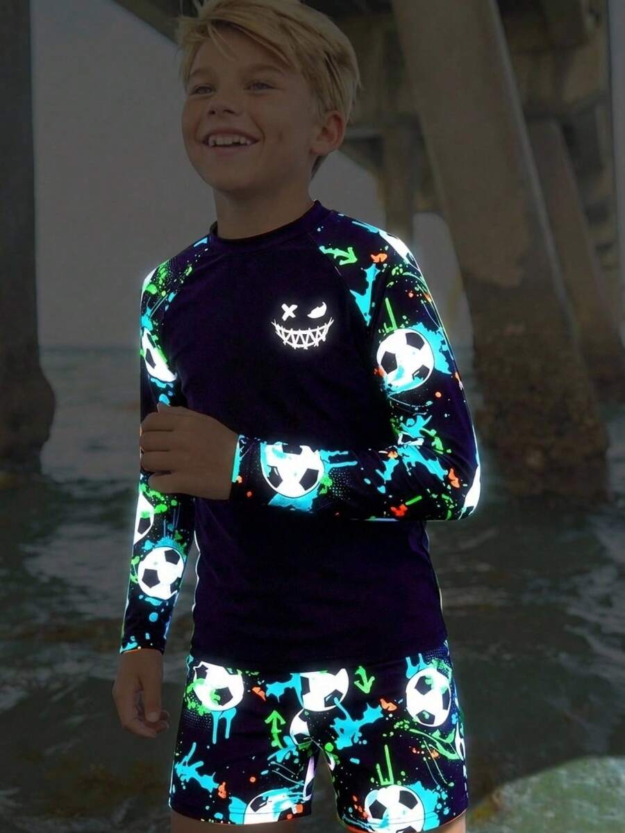 SHEIN Tween Boys Slim Fit Graffiti Football Print 2 Pieces Swimwear, Suitable For Spring/Summer Beach Vacation - Multicolor - View 1