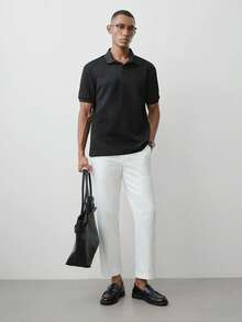 MENRIVO 男士纯色前扣短袖休闲 Polo 衫，简约日常穿着，适合打高尔夫 - 黑色 - 查看 2