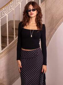 Ananda Vibes Rok Wanita Motif Polkadot Jala Warna Kontras Hitam - Hitam - View 3