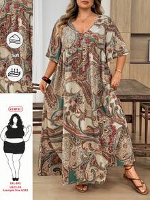 SHEIN CURVE+ Curve Size US22 女款寬鬆小碎花 V 領短袖娃娃洋裝 米色 夏季音樂祭海邊度假波希米亞 1950s 復古 90s 風格 - 彩色 - 查看 10