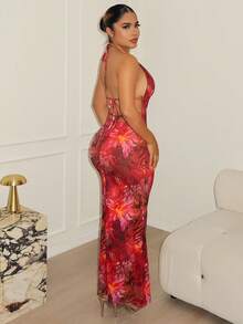 Maria Perezxox Đầm nữ cổ chữ V khoét lưng xếp ly, chất liệu lưới dệt kim in họa tiết, thích hợp cho kỳ nghỉ xuân/hè. - Đỏ - Xem 2