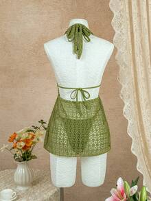 Bellisia Nuevo Conjunto de Bikini de 3 Piezas Primavera Verano Verde Mostaza con Cuello Drapeado, Tela Texturizada Semitransparente, Estilo de Influencer de Moda, Ropa de Playa para Vacaciones de Playa para Mujer - Verde - Ver 11